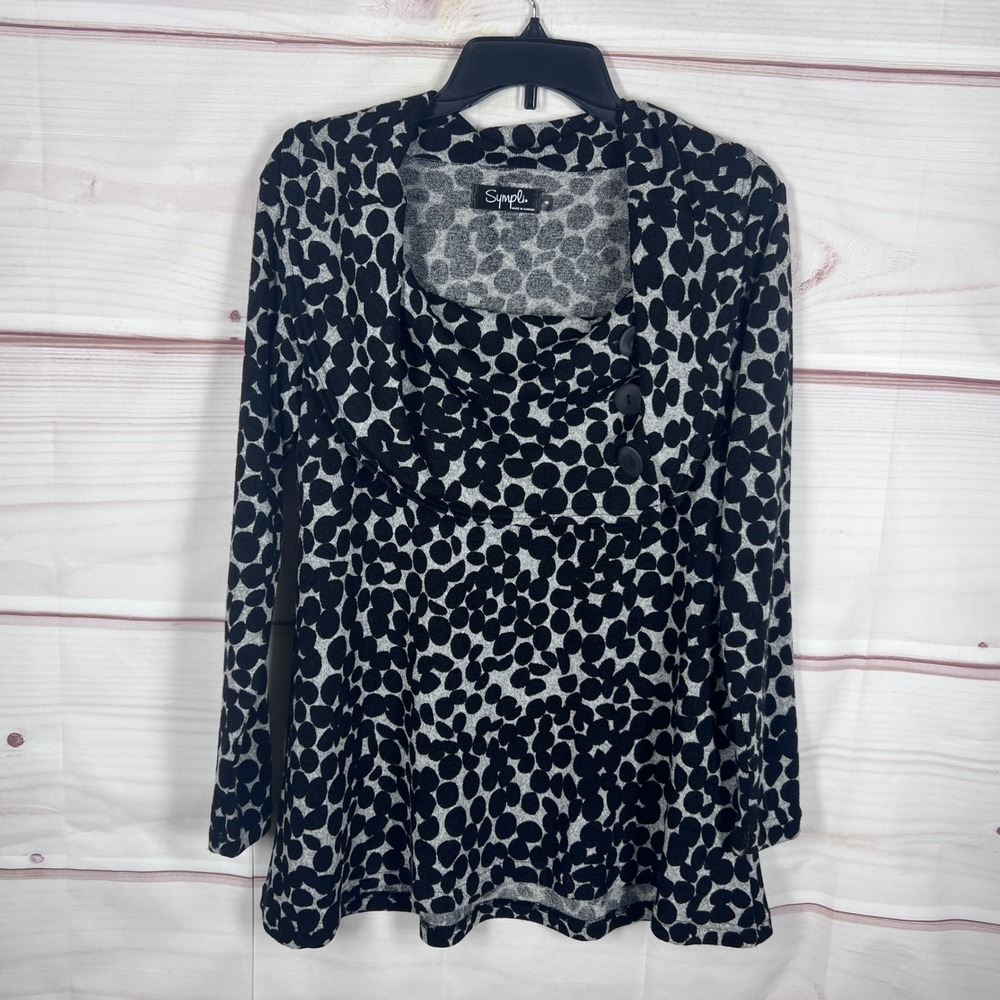 Sympli Tunic Top Womens 6 Black White Polka Dot Cowl Neck Button Detail Knit